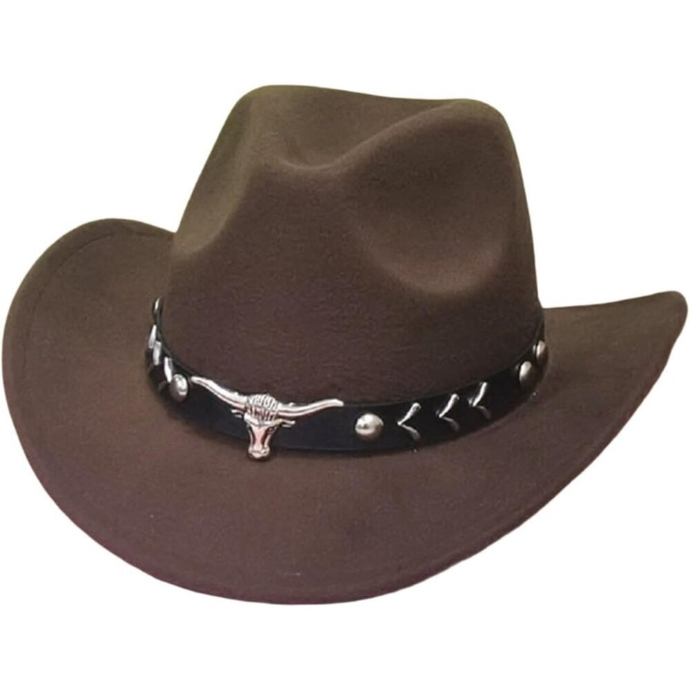Unisex Coffee 100% Polyester Bull Skull Band Classic Fedora Cowboy Felt Hat
